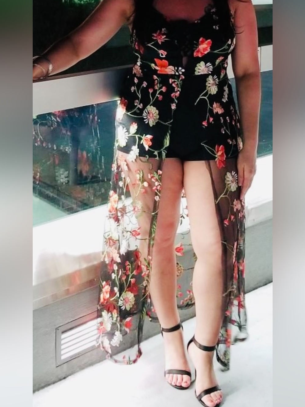 WORN ONCE ❤️Sheer Black Floral Embroidered Maxi Overlay 1 piece  romper